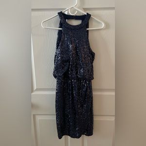 Navy Blue Sequin Halter Semi-Formal dress
